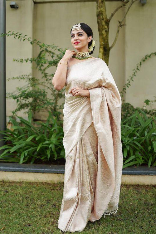 Load image into Gallery viewer, Delectable Beige Soft Banarasi Silk Saree With Scrumptious Blouse Piece
