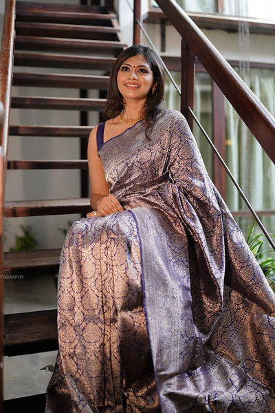 Sensational Navy Blue Soft Kanjivaram Silk Saree With Skinny
