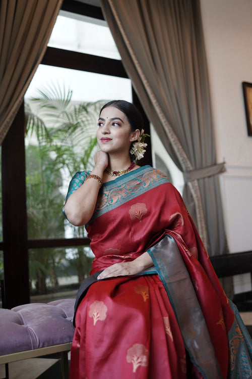 Maroon Green Banarasi Beautiful Zari Work In Form Of Traditional Motifs Soft  Silk Saree