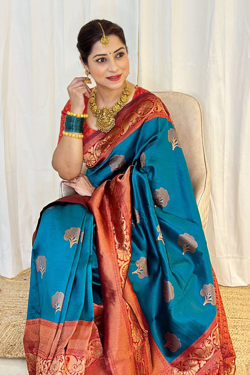 Load image into Gallery viewer, Prettiest Rama Soft Banarasi Silk Saree With Groovy Blouse Piece
