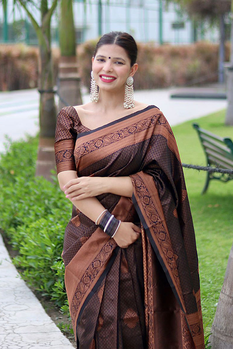 Innovative Black Soft Banarasi Silk Saree With Energetic Blouse Piece