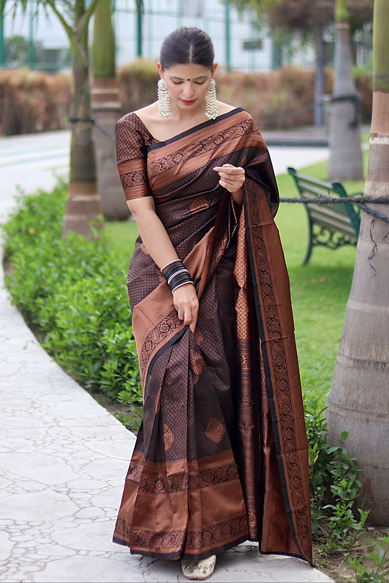 Innovative Black Soft Banarasi Silk Saree With Energetic Blouse Piece