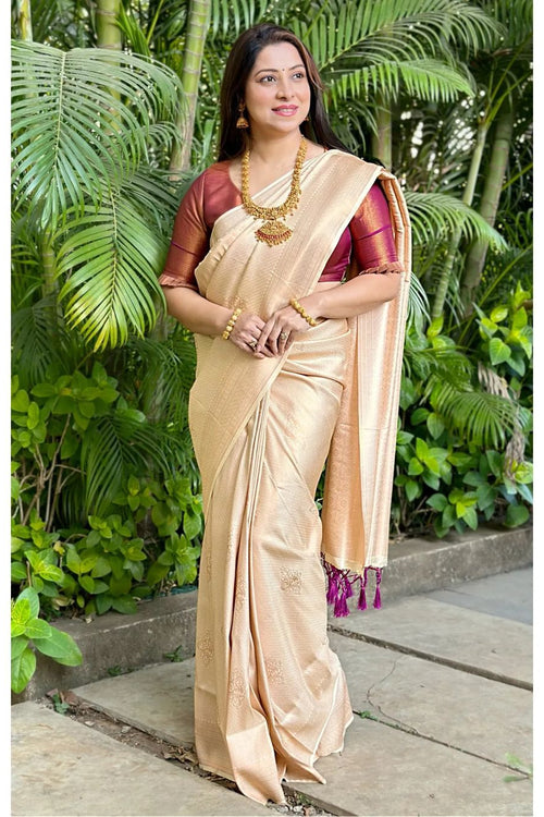 Pransul Fashion Cream Beautiful Soft And Silky litchi Silk Saree with Blouse  at Rs 800/piece in Surat