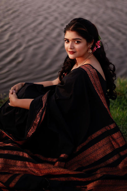 Load image into Gallery viewer, Skinny Black Soft Banarasi Silk Saree With Beauteous Blouse Piece
