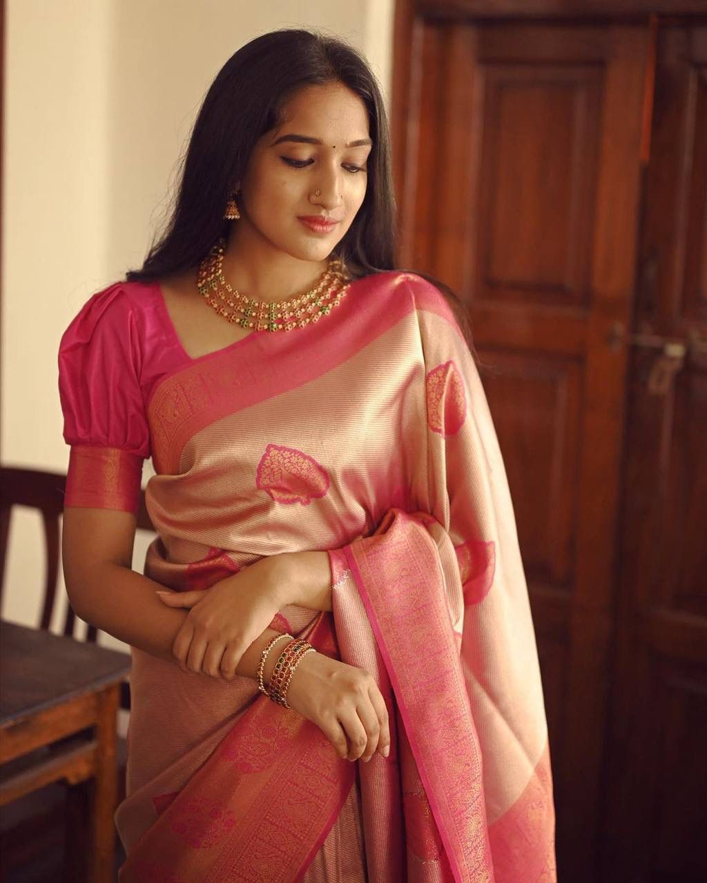 Elegant Peach Soft Silk Saree With Unique Blouse Piece