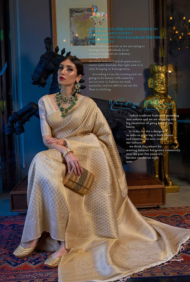 Demesne Beige Kanjivaram Silk Saree With Demure Blouse Piece