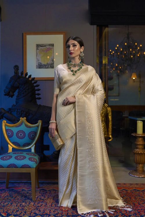 Load image into Gallery viewer, Demesne Beige Kanjivaram Silk Saree With Demure Blouse Piece
