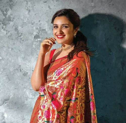 Load image into Gallery viewer, Denouement Red Paithani Silk Saree With Profuse Blouse Piece
