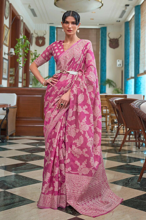 Load image into Gallery viewer, Flameboyant Pink Lucknowi work Silk Saree With Fancifull Blouse Piece
