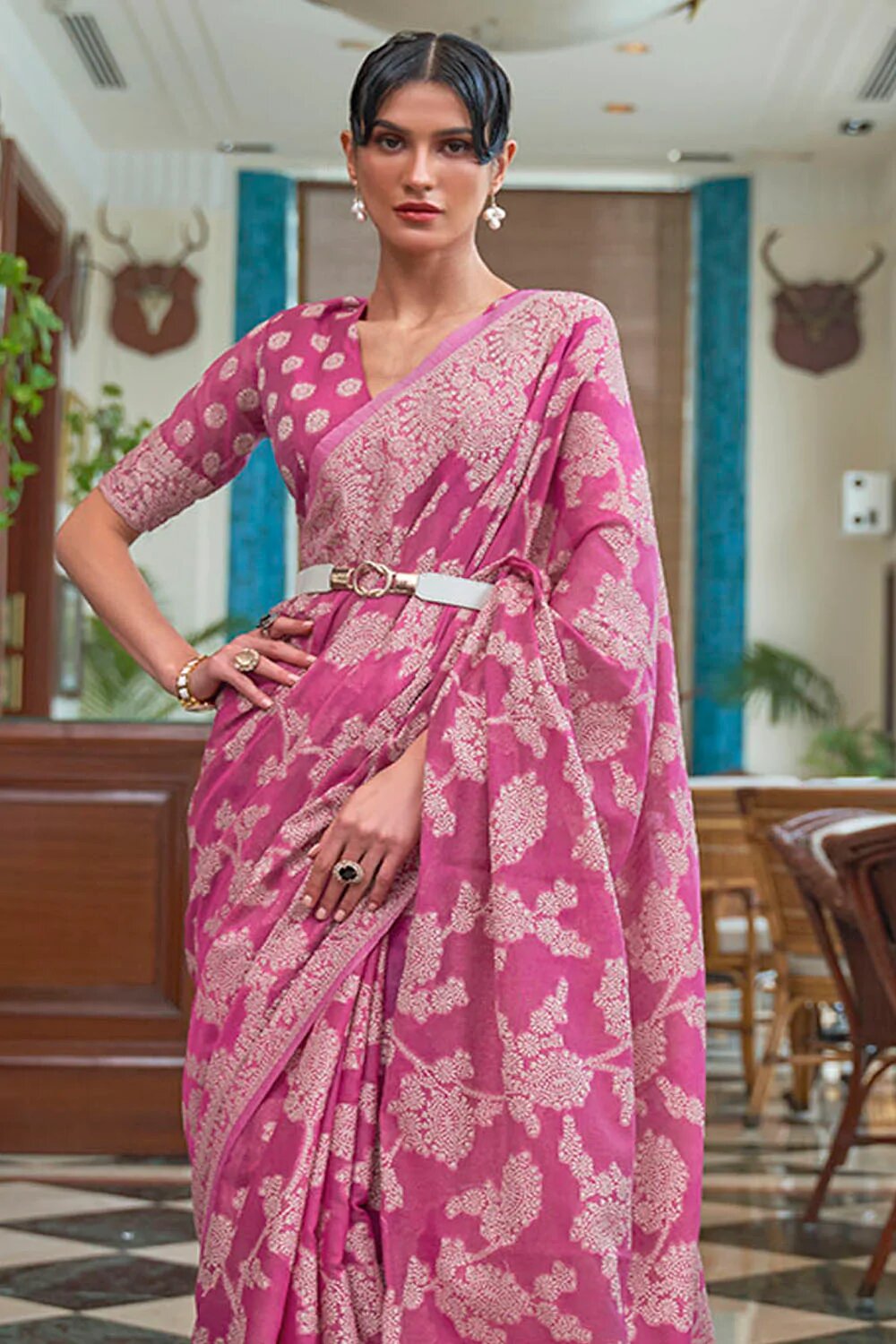 Flameboyant Pink Lucknowi work Silk Saree With Fancifull Blouse Piece