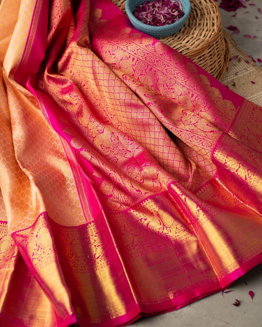 Mellifluous Peach Soft Banarasi Silk Saree With Evocative Blouse Piece