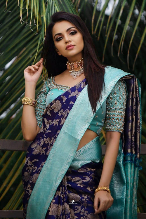 Load image into Gallery viewer, Blooming Blue Soft Silk Saree With Smart Blouse Piece
