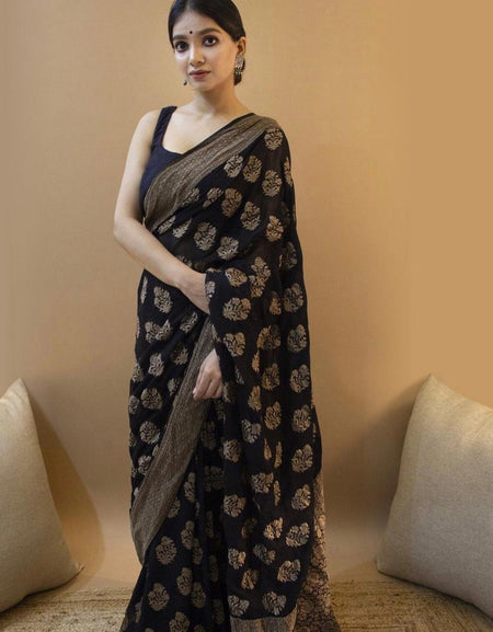 Confounding Black Soft Silk Saree With Snappy Blouse Piece