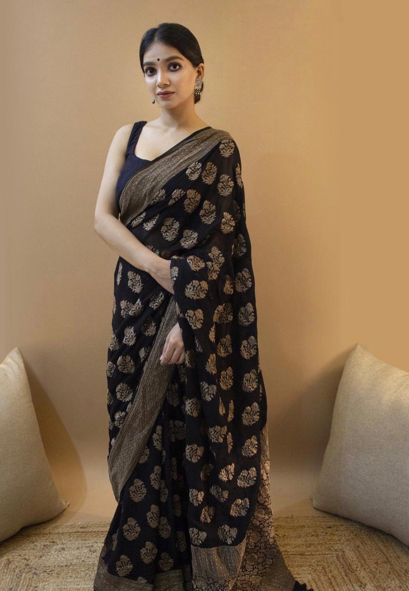 Confounding Black Soft Silk Saree With Snappy Blouse Piece