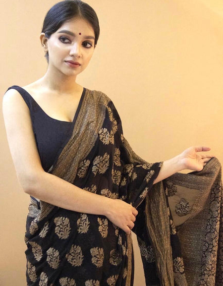 Confounding Black Soft Silk Saree With Snappy Blouse Piece