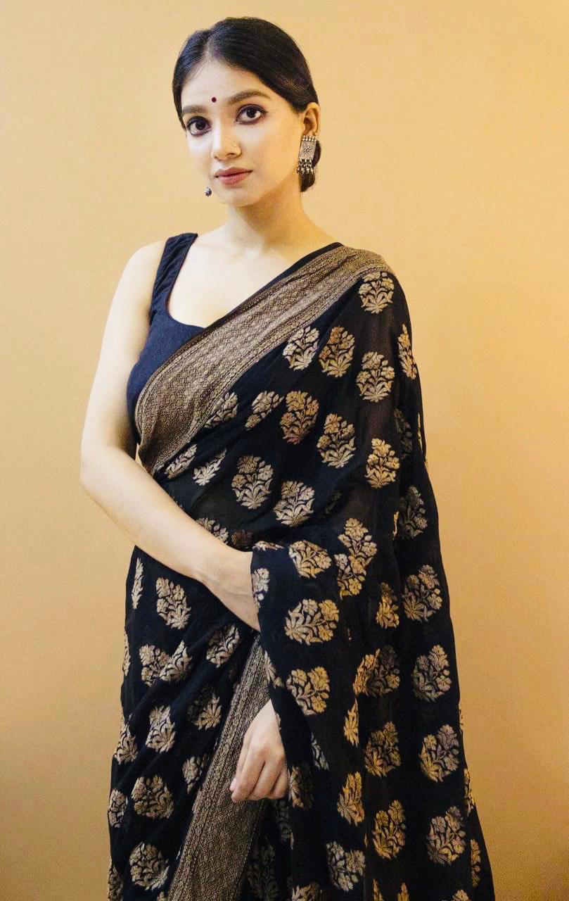 Confounding Black Soft Silk Saree With Snappy Blouse Piece