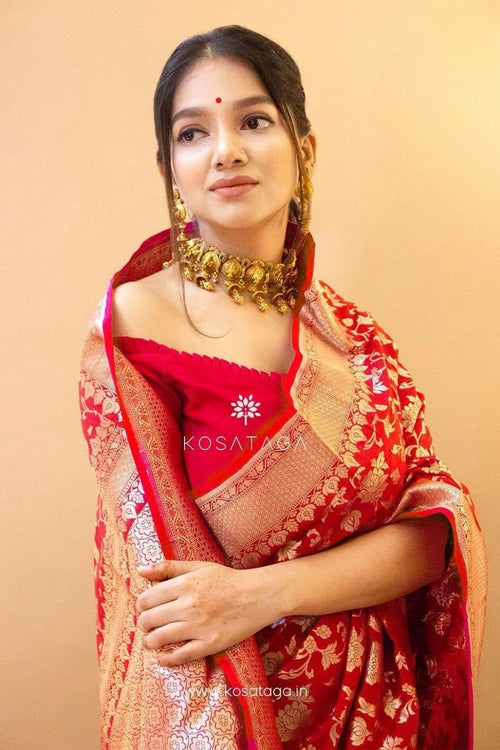Load image into Gallery viewer, Designer Red Soft Banarasi Silk Saree With Impressive Blouse Piece
