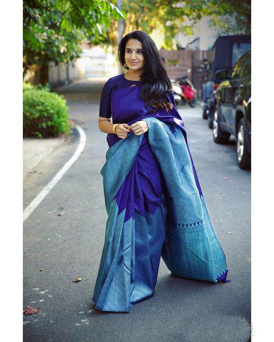 Demesne Blue Soft Silk Saree With Dalliance Blouse Piece