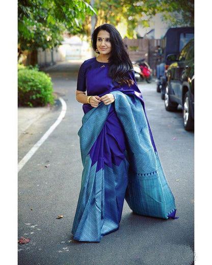 Demesne Blue Soft Silk Saree With Dalliance Blouse Piece