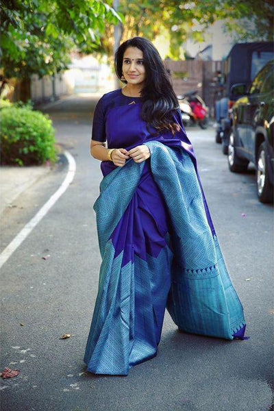 Demesne Blue Soft Silk Saree With Dalliance Blouse Piece