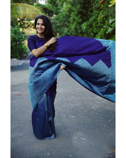 Demesne Blue Soft Silk Saree With Dalliance Blouse Piece