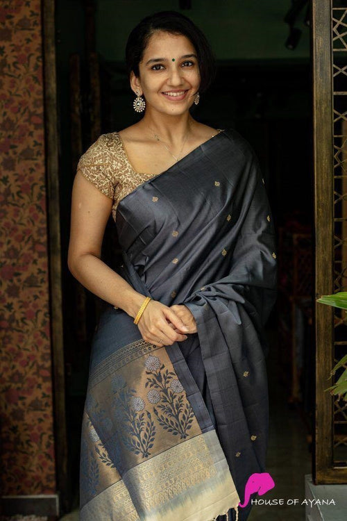 Load image into Gallery viewer, Snappy Grey Soft Silk Saree With Elision Blouse Piece
