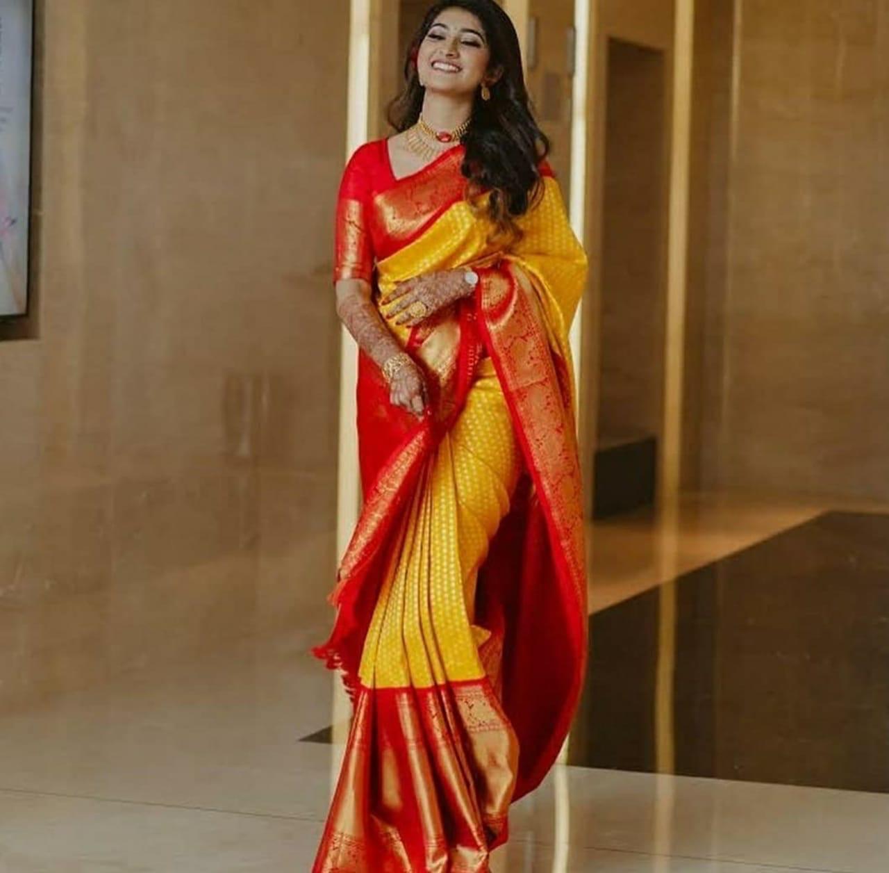 Gorgeous Yellow- Red Silk Saree with Yellow Blouse