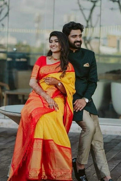 Improbable Yellow Soft Banarasi Silk Saree With Exuberant Blouse Piece