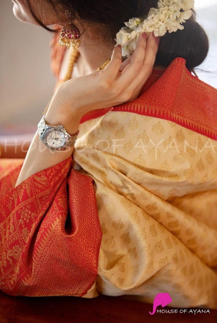 Eye catching Beige Soft Banarasi Silk Saree With Glowing Blouse Piece