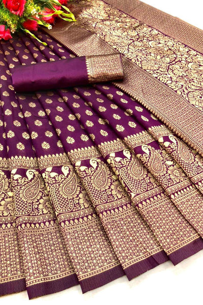 Divine Purple Soft Banarasi Silk Saree With Bewitching Blouse Piece