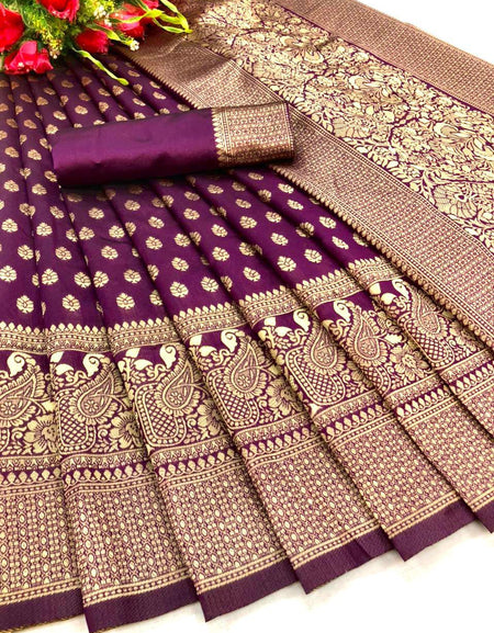 Divine Purple Soft Banarasi Silk Saree With Bewitching Blouse Piece
