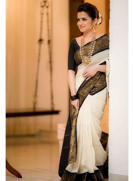 Off white chanderi saree with exclusive benarasi work in front with re –  TheDesignerSaree