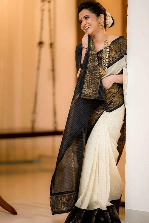 Load image into Gallery viewer, Moiety Off White Soft Banarasi Silk Saree With Panoply Blouse Piece
