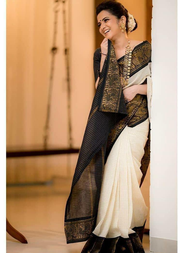 Semi Katan Silk Banarasi Saree in Off White, Blue and Gold – Bengal Looms  India