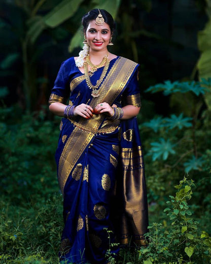 Luxuriant Blue Soft Banarasi Silk Saree With Splendorous Blouse Piece
