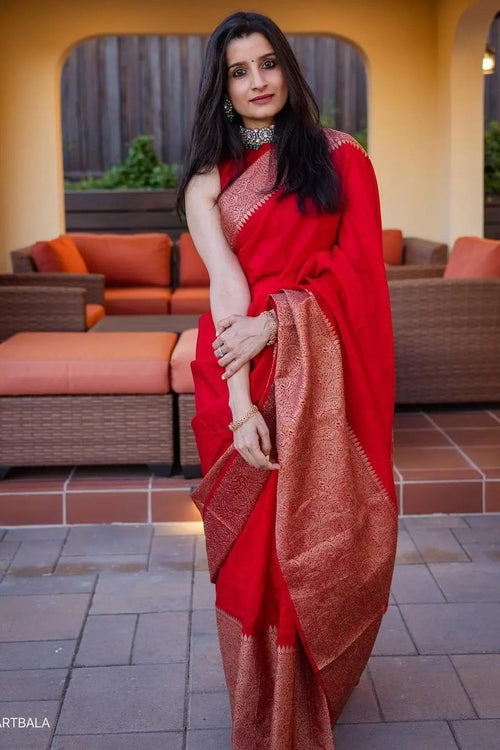 Sensational Look Red Color Banarasi Silk Fabric Silk Weave Saree