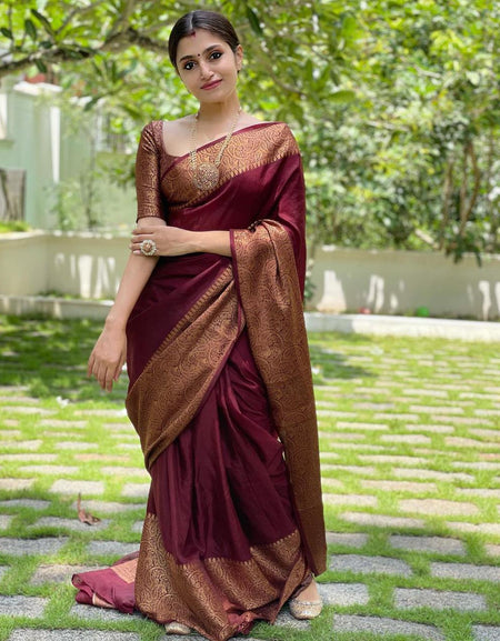 Unique Wine Soft Silk Saree With Wonderful Blouse Piece