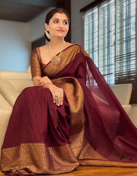 Unique Wine Soft Silk Saree With Wonderful Blouse Piece