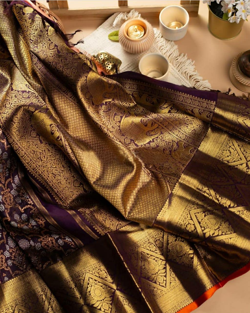 Incomparable Wine Soft Banarasi Silk Saree With Luxuriant Blouse Piece