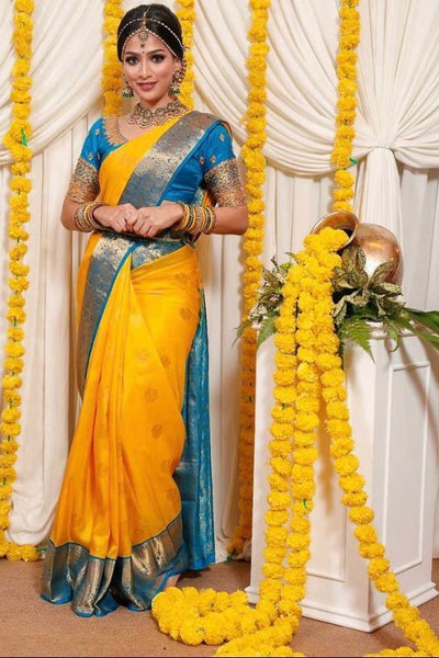 Groovy Yellow Soft Banarasi Silk Saree With Angelic Blouse Piece