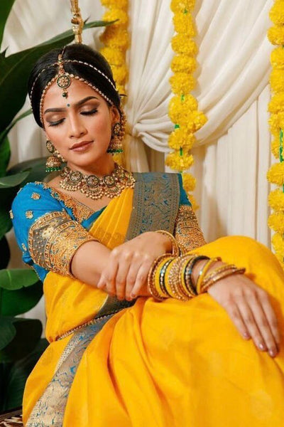 Groovy Yellow Soft Banarasi Silk Saree With Angelic Blouse Piece