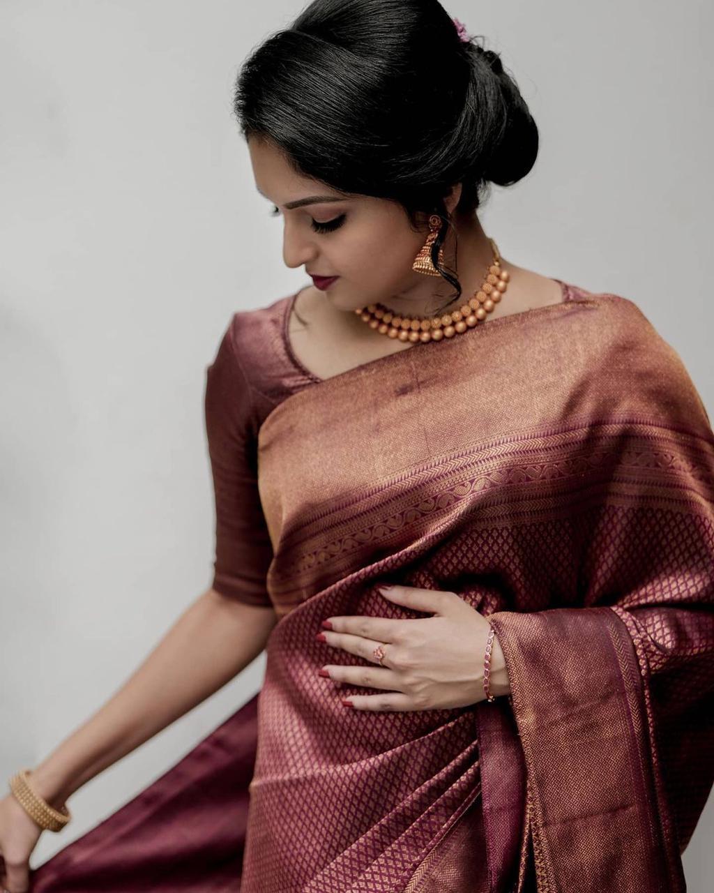 Beauteous Maroon Soft Silk Saree With Demure Blouse Piece
