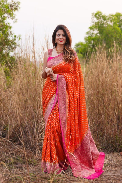 Prettiest Orange Soft Banarasi Silk Saree With Twirling Blouse Piece