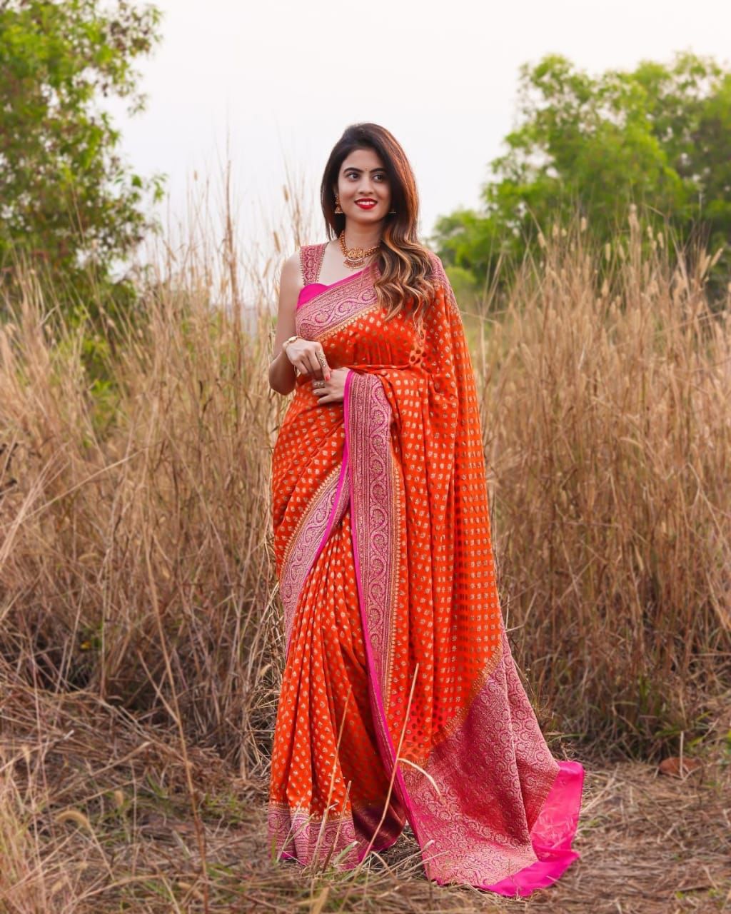 Banarasi Organza Mix Saree With Jamdani Weaving-Orange – Banarasikargha