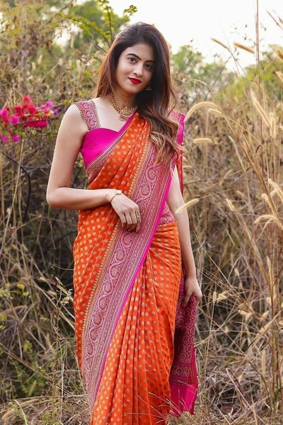 Prettiest Orange Soft Banarasi Silk Saree With Twirling Blouse Piece