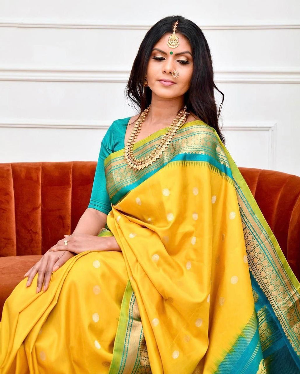 Staring Yellow Soft Banarasi Silk Saree With Charming Blouse Piece ...