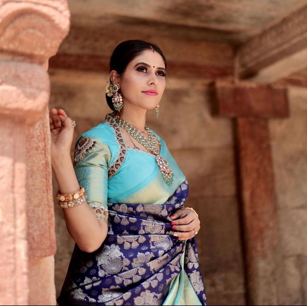 Denouement Blue Soft Banarsi Silk Saree With Glorious Blouse Piece