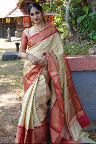 Beauteous Beige Soft Banarasi Silk Saree With Flaunt Blouse Piece