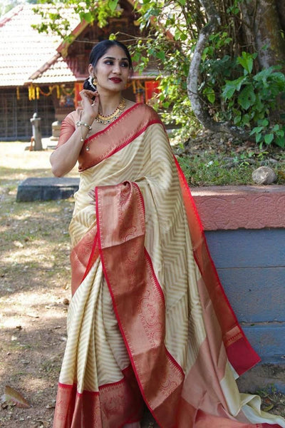 Beauteous Beige Soft Banarasi Silk Saree With Flaunt Blouse Piece