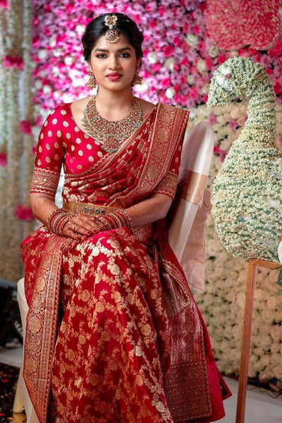 Wedding Collection Online Silk Tomato Red Banarasi Saree SARV158409